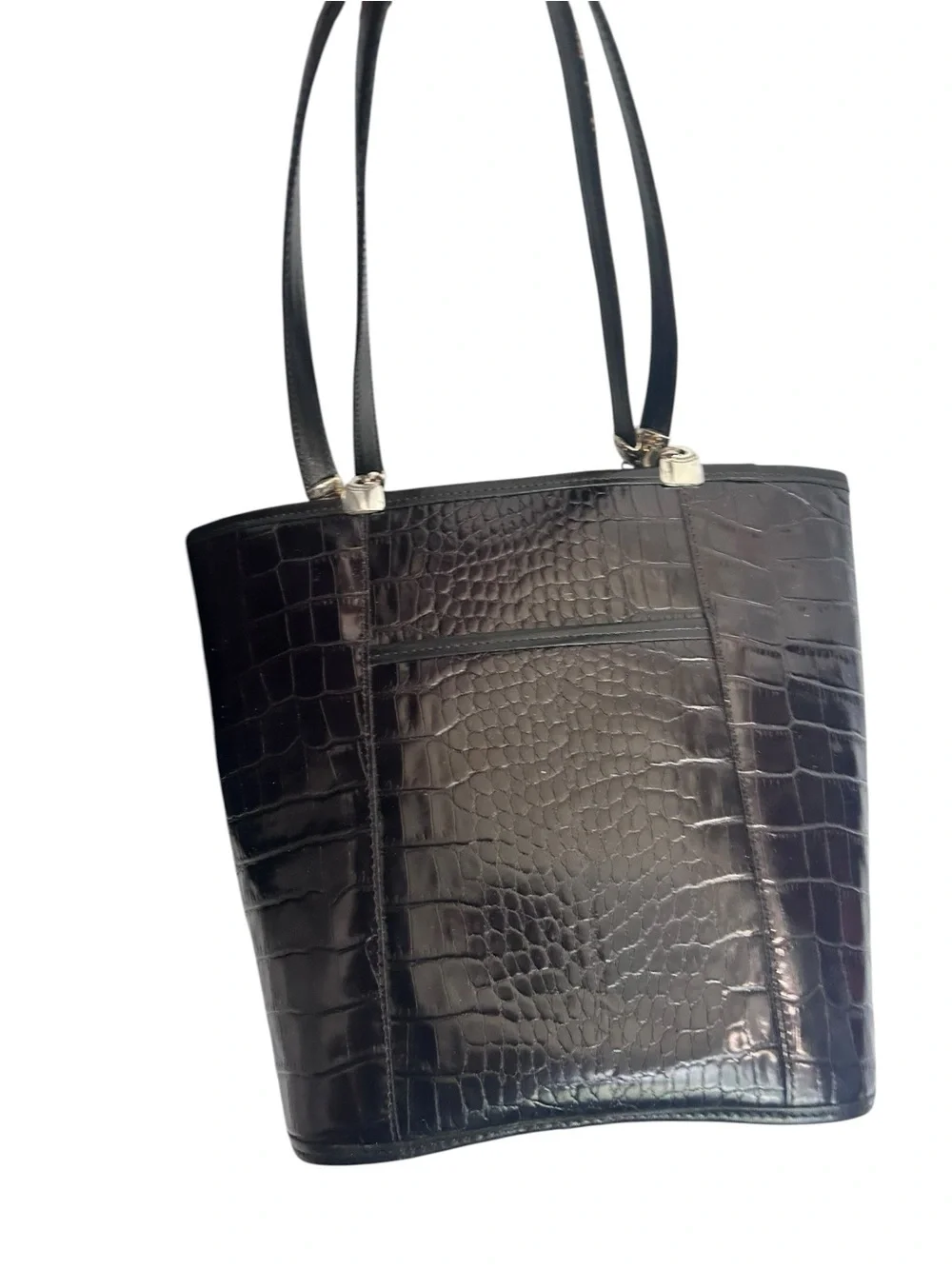 Vintage Brighton Shiny Black Croc Embossed Leather Shoulder Bucket Bag Purse